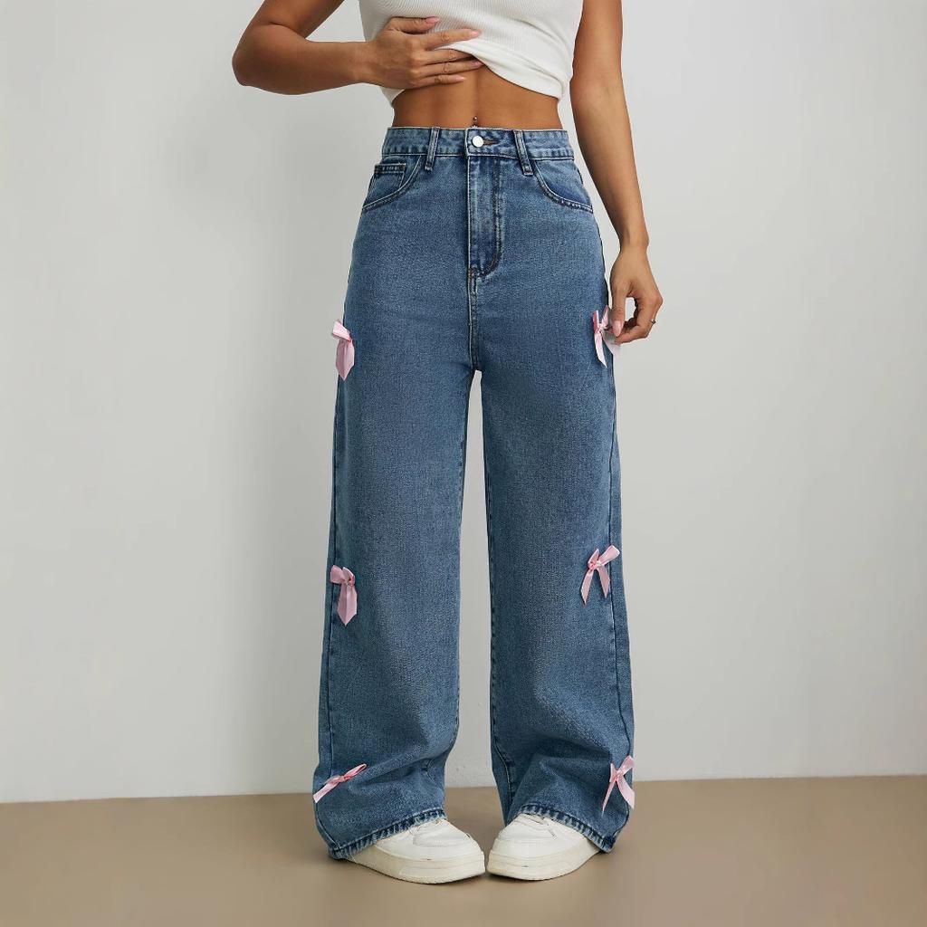 Женские повседневные джинсы с бантом Y2k Blue Baggy Denim Trousers Loose Straight Sweet Coquette Aesthetic Washed Jeans