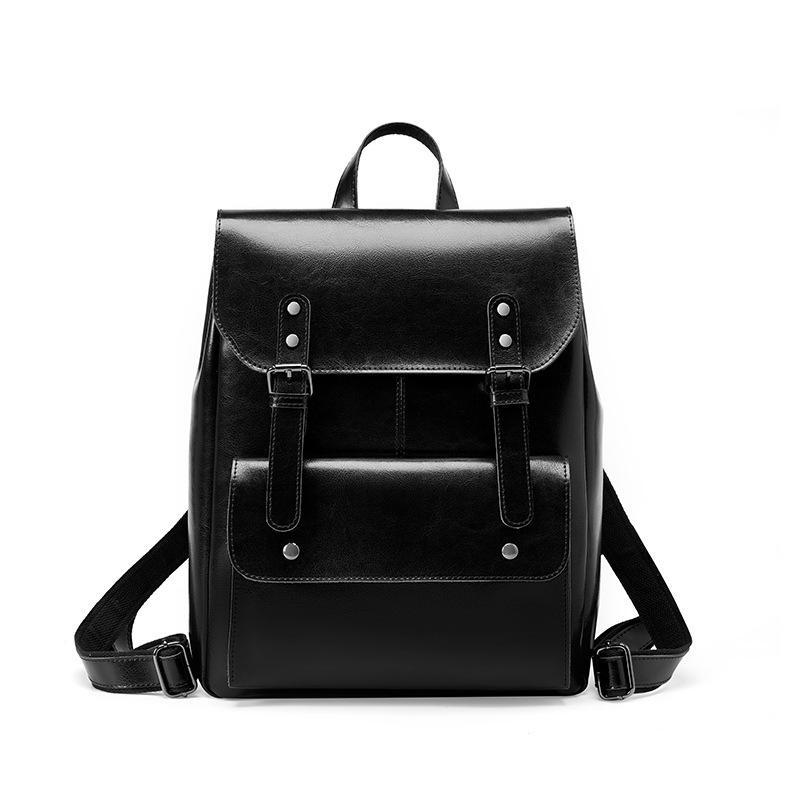 Women's Genuine Leather Backpack - Wear-Resistant Cowhide, 14", Large Capacity, College Style, British Retro, Neutral Design.