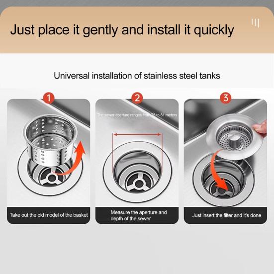Stainless Steel Kitchen Sink Filter 3-in-1 Design Odor Blocking Anti-Clog Universal Fit Fruit Vegetable Sink Strainer