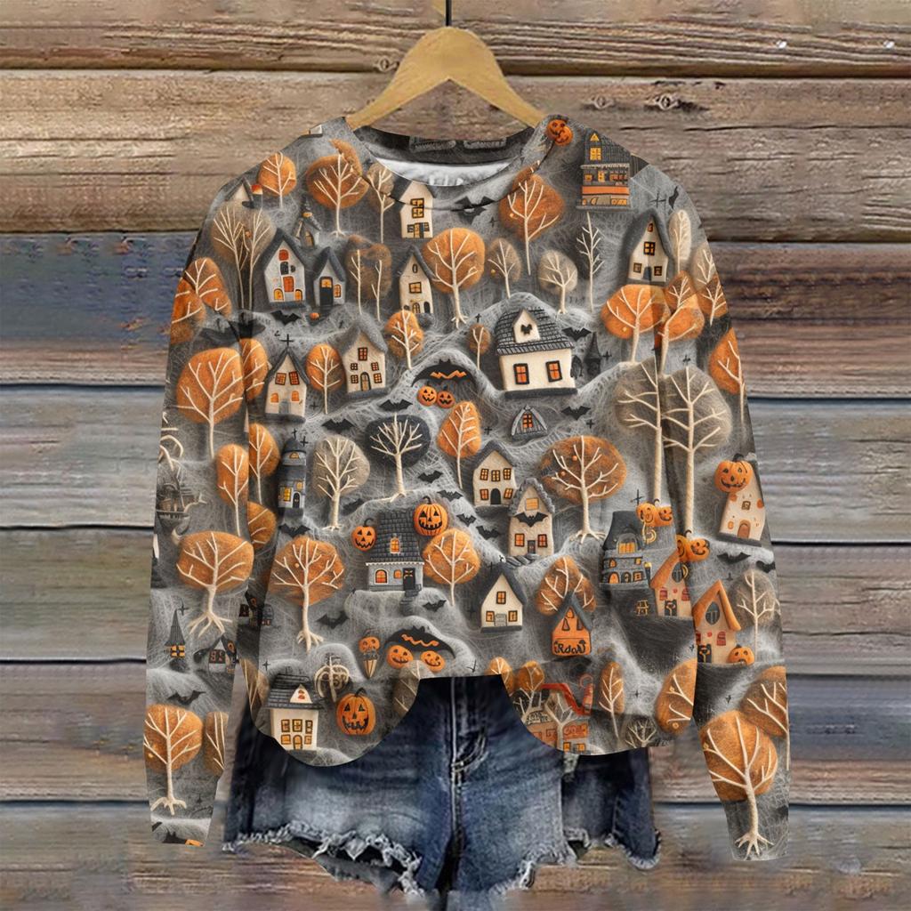 Женский осенне-зимний топ с круглым вырезом и длинными рукавами, милый свитер-пуловер с принтом 3D на тему Хэллоуина