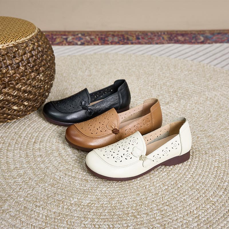 Материнские туфли из коровьей кожи первого слоя, женские туфли из мягкой кожи на мягкой подошве, нескользящие с перфорацией, женские туфли для среднего и пожилого возраста, летние удобные с перфорацией, повседневные