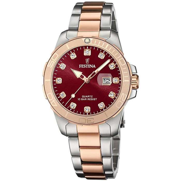 Montre Femme - FESTINA - Boyfriend - Cadran Bordeaux - Acier Bicolore - Étanche 100m