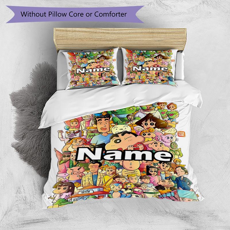 3pcs Duvet Cover Set (1*Duvet Cover + 2*Pillowcase, Without Core), Custom Name Crayon Shin Pattern Bedding Set, Home Bedroom Decor Gift