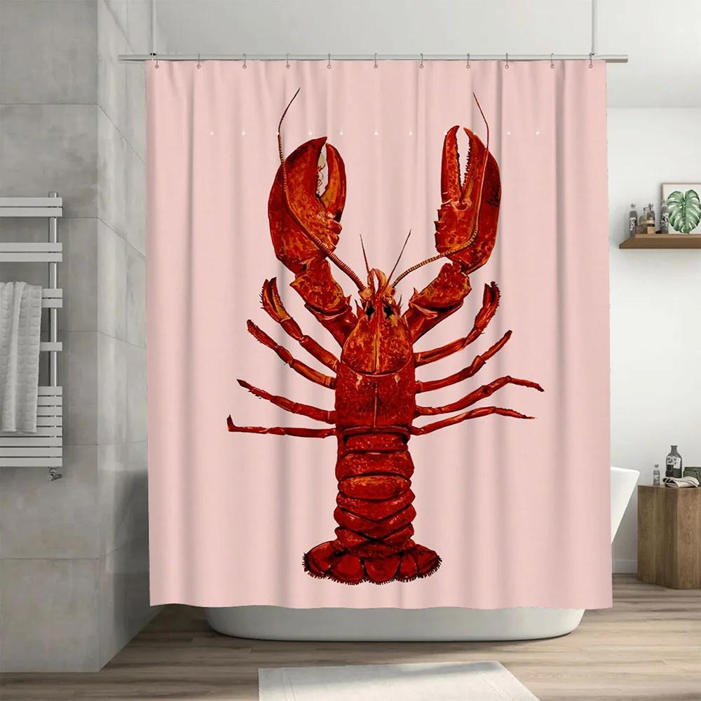 3D-печатная шторка для душа в тематике Red Lobster для декора ванной комнаты водонепроницаемая ткань с крючками для штанги в комплекте (Светло-розовый)
