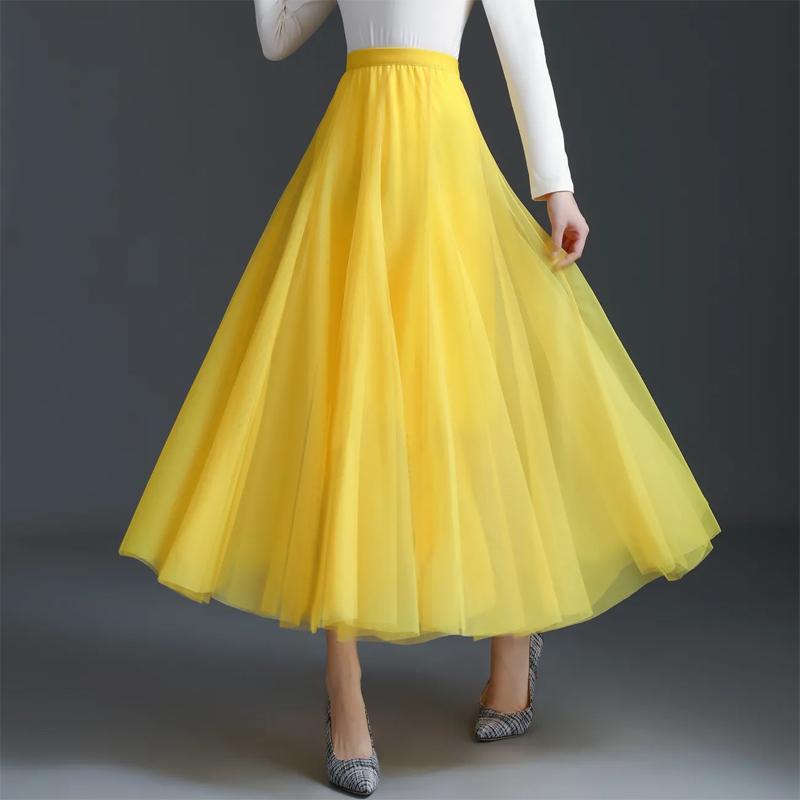 Весенне-осенняя женская юбка, пышная юбка длиной до щиколотки, тонкая юбка трапециевидной формы из сетчатой ​​пряжи с высокой талией и лямкой феи