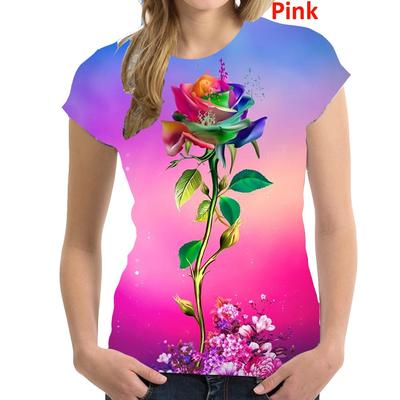 Последняя Мода Летняя Женская Повседневная Футболка с Коротким Рукавом и Розовым Принтом, Красивая, Элегантная, Универсальная Футболка с Круглым Вырезом