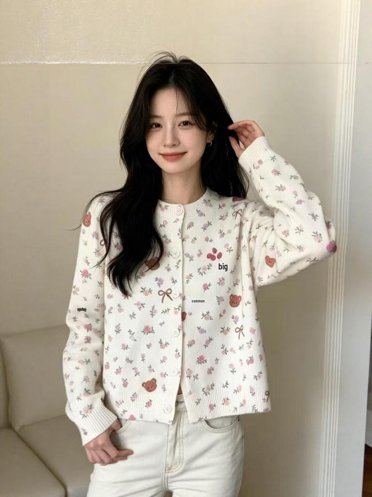 Women's Cherry Bear Print Knit Cardigan - Autumn/Winter Round Neck Long Sleeve Sweater