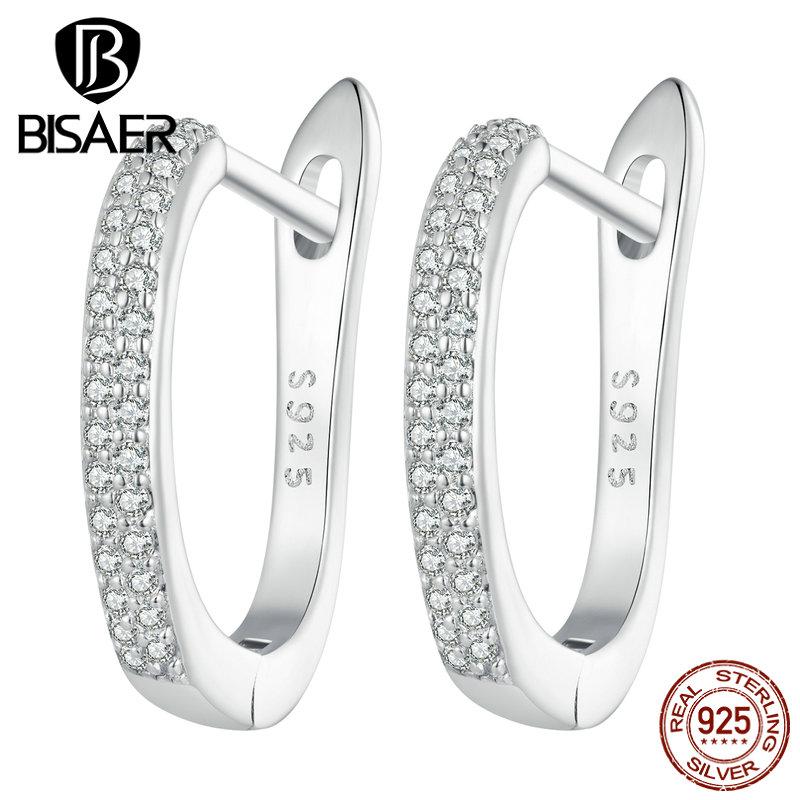 Bisaer 925 Sterling Silver Heart-shaped Ear Buckles Love Hoop Earrings Pave Setting CZ for Women Fine Jewelry Gift