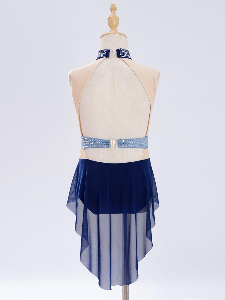 Kids Girls Ballet Gymnastics Dress Rhinestones Mesh Skirted Leotard Figure Ice Skating Jersey Lyrical Dance Performance Costume