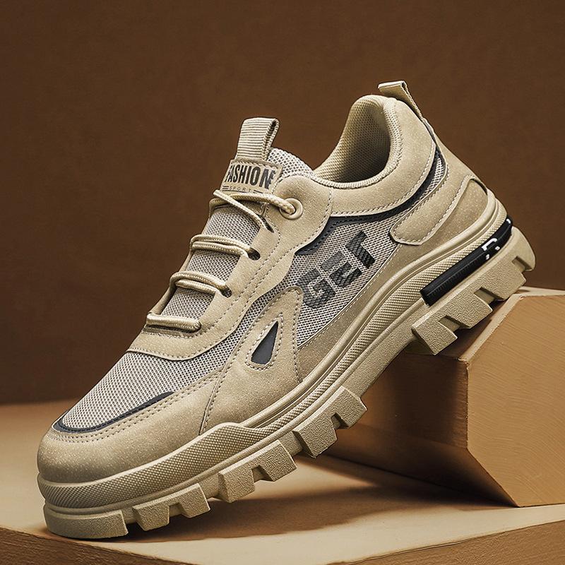 Autumn New Men's Breathable Casual Martin Boots Retro Leather Splicing Mesh Low-top Platform Men's Shoes