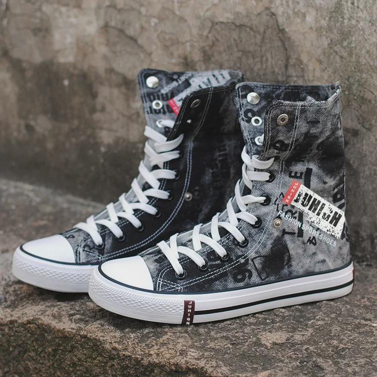 Мужские высокие кеды из парусины черного/синего денима — складной верх, модная, дышащая повседневная обувь для весны и лета