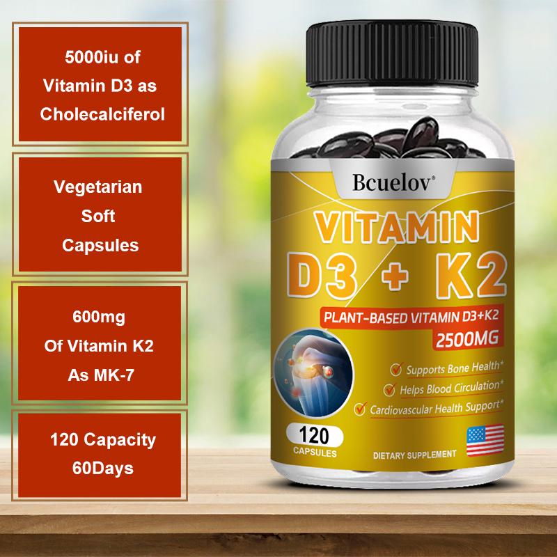 Bcuellov Vitamin D3+K2 2500mg 120 Capsules Plant-Based Dietary Supplement