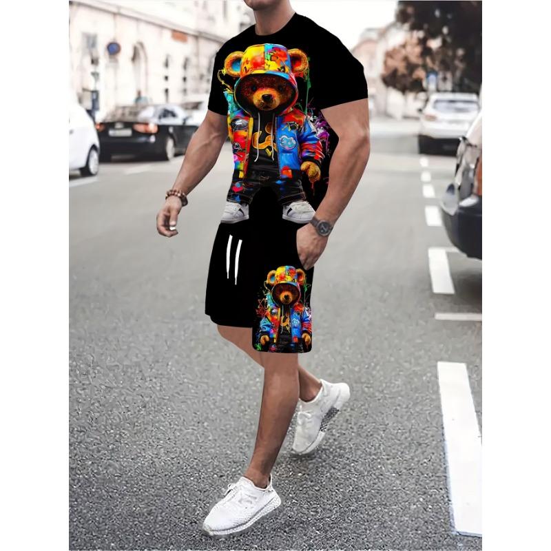 3D Cartoon Teddy Bear Print Men's T-shirt Shorts Set, Summer Casual Everyday Men's Short-sleeved Outdoor Street Men's Shorts
