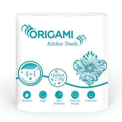 Бумажные полотенца Origami, упаковка из 4 рулонов, 60 отрывов в каждом, 2 слоя (Всего 4 рулона, 240 листов)