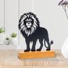 Metal Lion Statue with Wood Base Centerpieces Table Top Sign Hollow Out Iron Art Animal Sculpture Desktop Ornament Gift