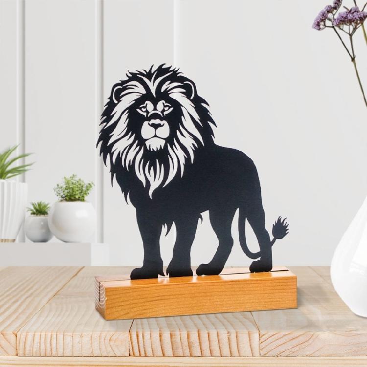 Metal Lion Statue with Wood Base Centerpieces Table Top Sign Hollow Out Iron Art Animal Sculpture Desktop Ornament Gift