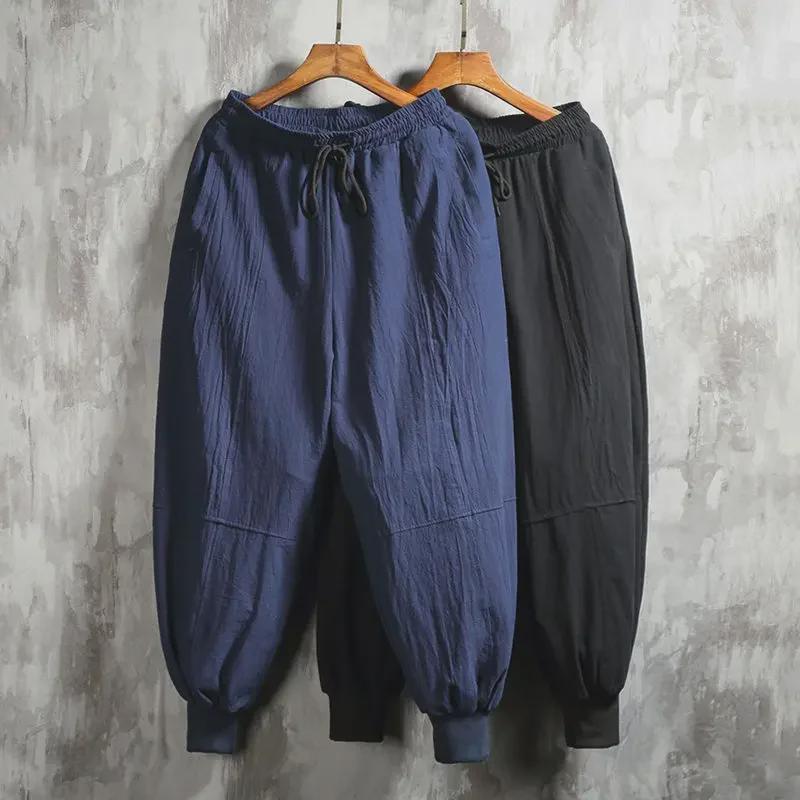 Men's Spring/Summer Cotton Linen Wide-Leg Harem Pants with Loose Cuffs and Trendy Tight-Fit Lantern Design