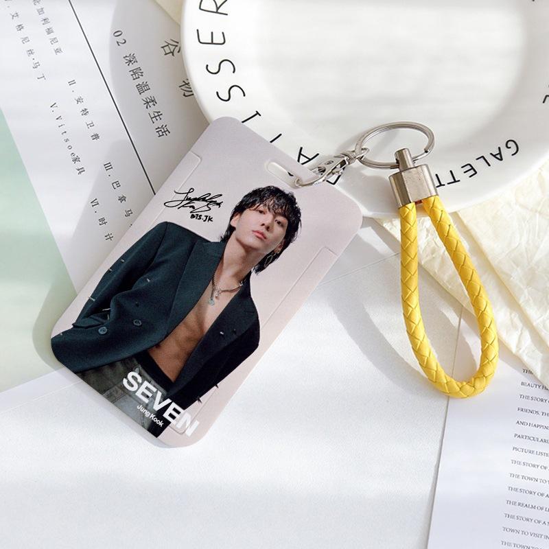 BTS Sliding Photocard Holder, Protective ID Badge Card Case with Braided Keychain Strap, Student Campus Bus Meal Card Protector Merch for ARMY