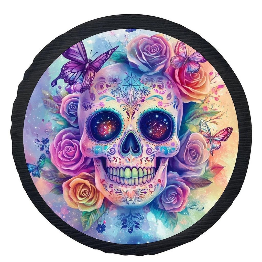 1pc Colorful Skull With Flowers Themed Tire Cover Wheel Cover, Trendy Universal Wheel Cover Tire Cover Wheel Protection Cover, S