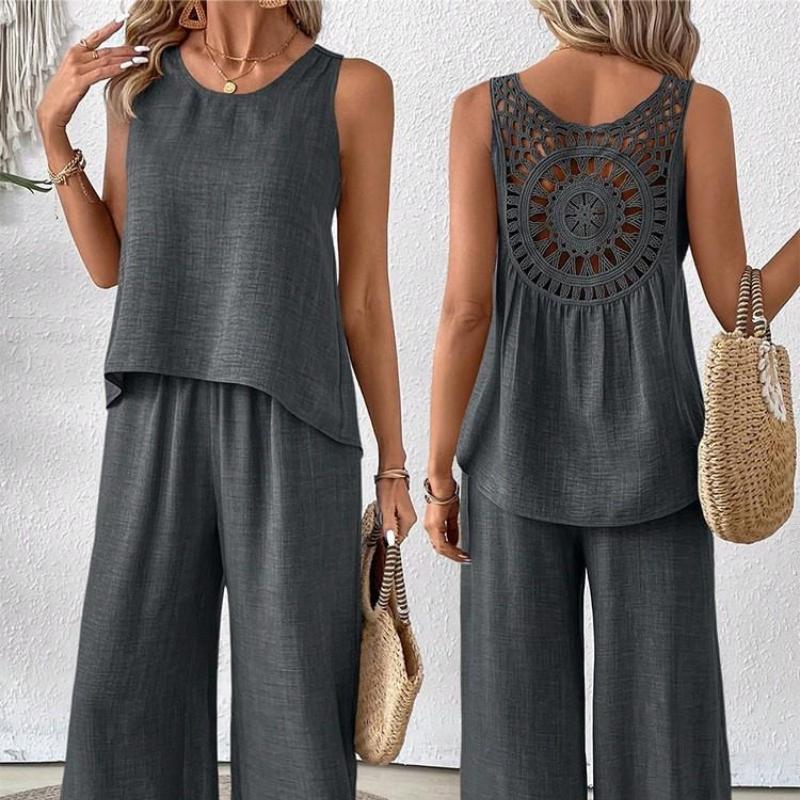 Элегантный отпускной однотонный топ с рукавом три четверти и комплект широких брюк