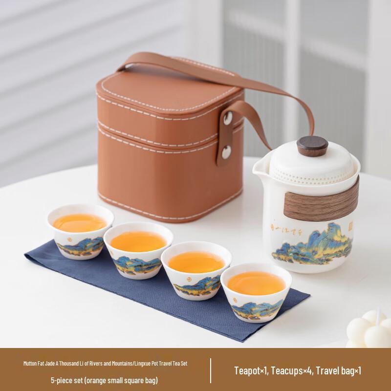 Mutton-fat Jade Porcelain 'A Thousand Miles' Quick Travel Tea Set