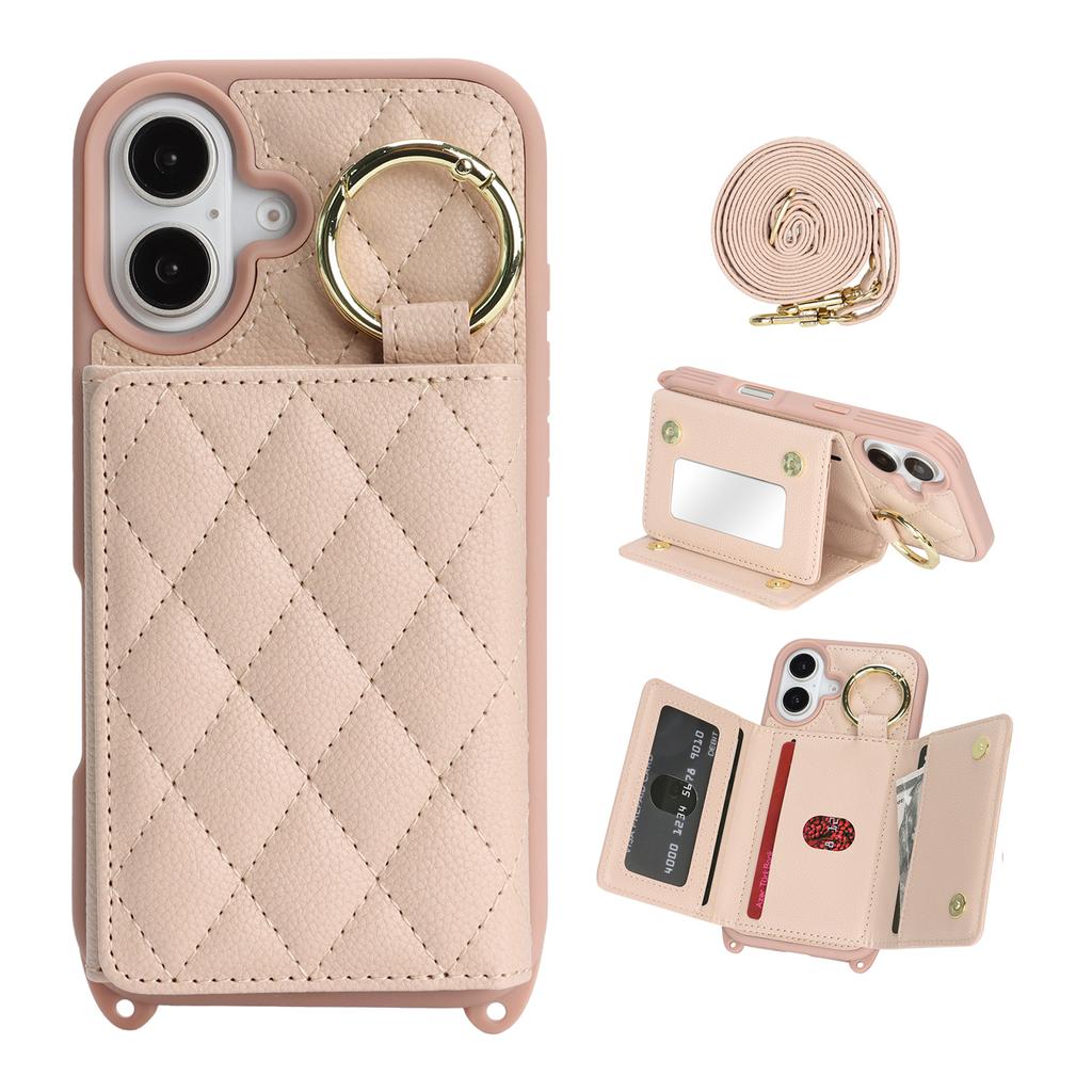 For iPhone 16 Case with Lanyard/Mirror/Card Holder Grids Pattern RFID Blocking Phone Cover