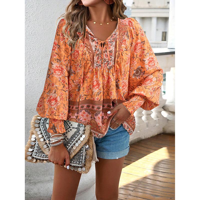 Spring Printed Long Sleeved Shirt Elegant Commuter Women V-neck Top Casual Blouse Vacation Loose Comfortable Street Wear