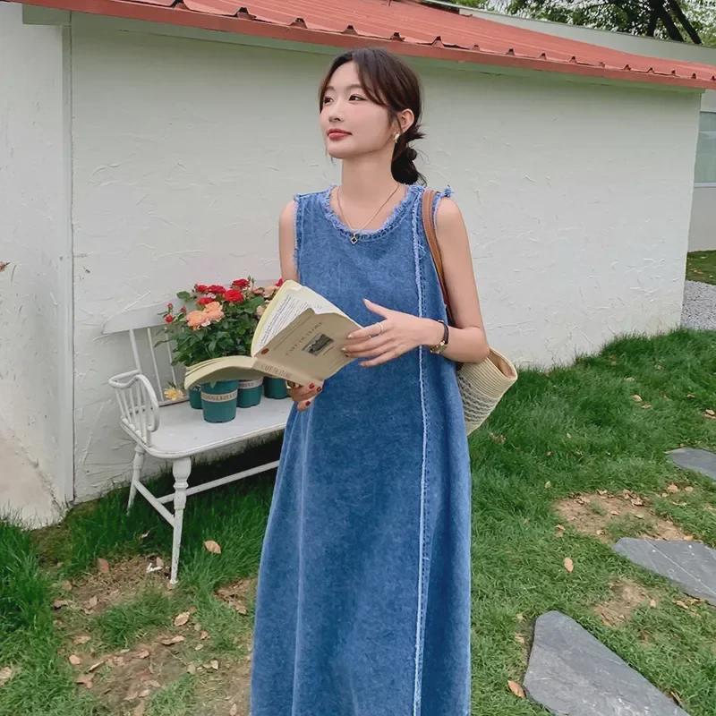Женское джинсовое платье без рукавов в стиле ретро в стиле Гонконга — свободное, тонкое, большого размера с бантом