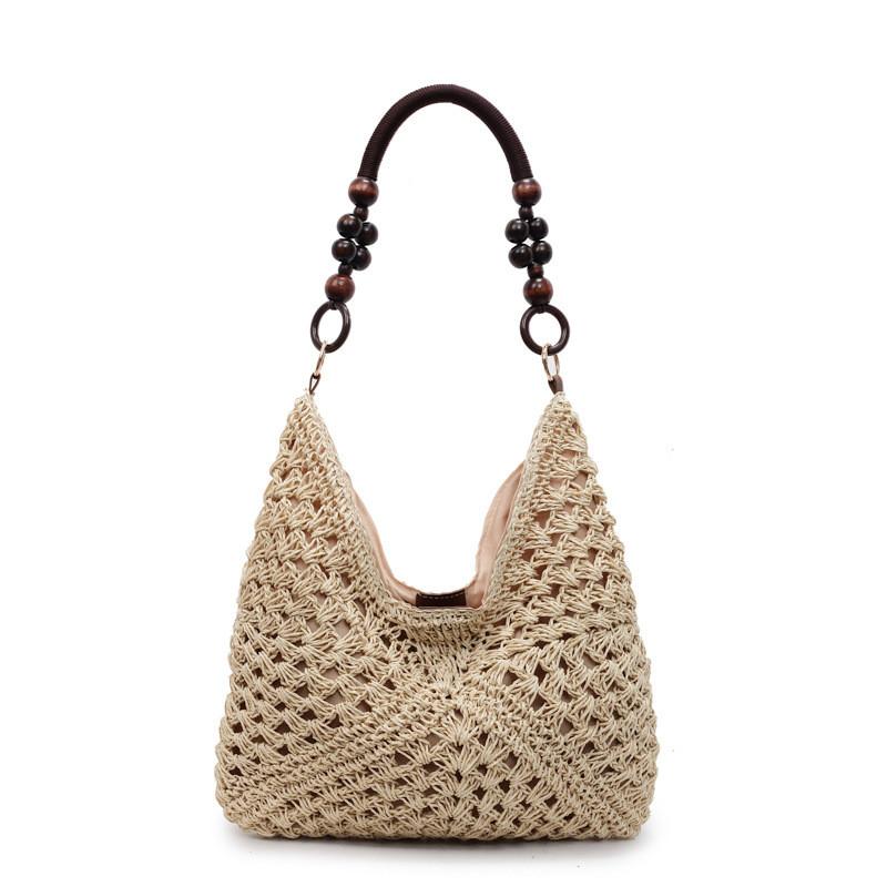 Woven Tote Bag For Women Summer Beach Fashion Large Capacity With Color Blocked Bead Decoration