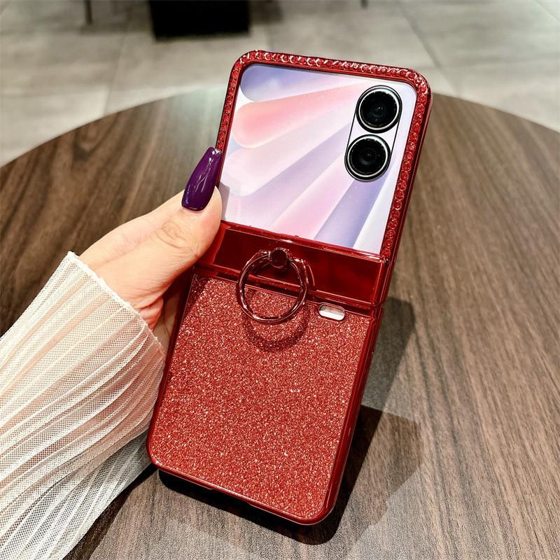 Luxury Rhinestone Ring Stand Case Honor Magic V Flip2 Shockproof PC Cover With Mirror Finish Slim Lightweight Design