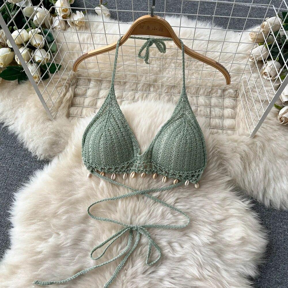 Women Summer Knitted Set Halter Short Tops+ Hollow Wide Leg Long Pants Sets Shell Beach Sexy Backless Two Piece Suits