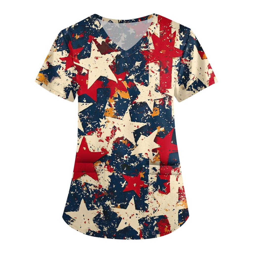 Women's Fashion V-neck Short-sleeved Work Dress With Pockets Independence Day Printed Top Carer Suit