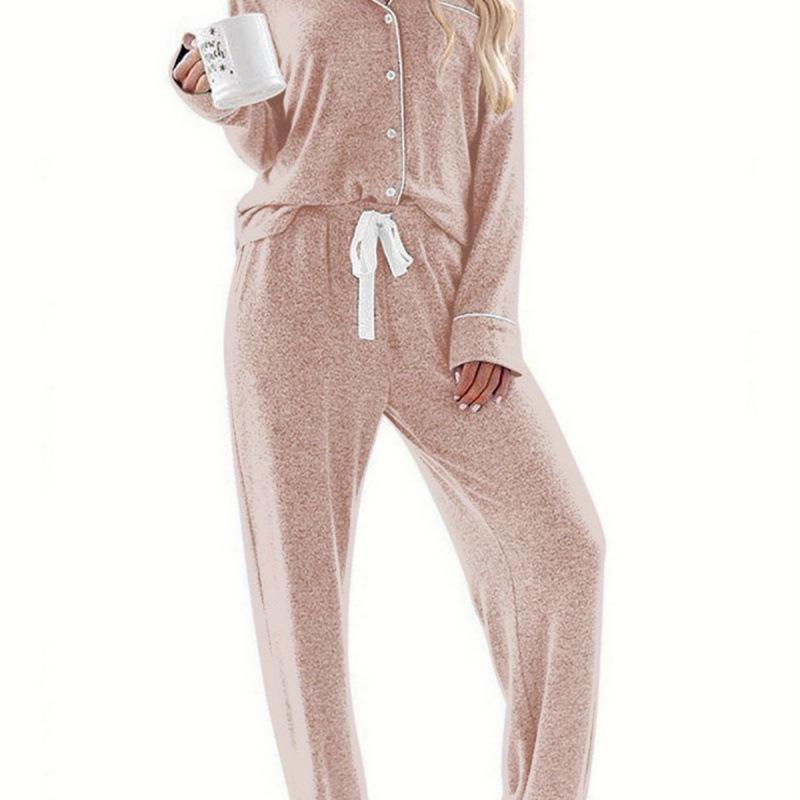 Женская пижамная рубашка с длинным рукавом - Повседневная на пуговицах