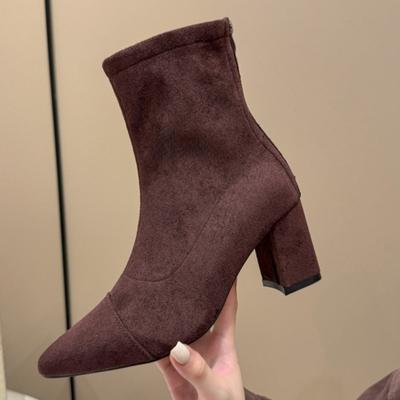 Модные женские замшевые туфли на высоком каблуке с острым носком, ботильоны до щиколотки, дизайнерские массивные туфли 2025 зима, новые короткие ботинки, модные элегантные Zapatos Mujer