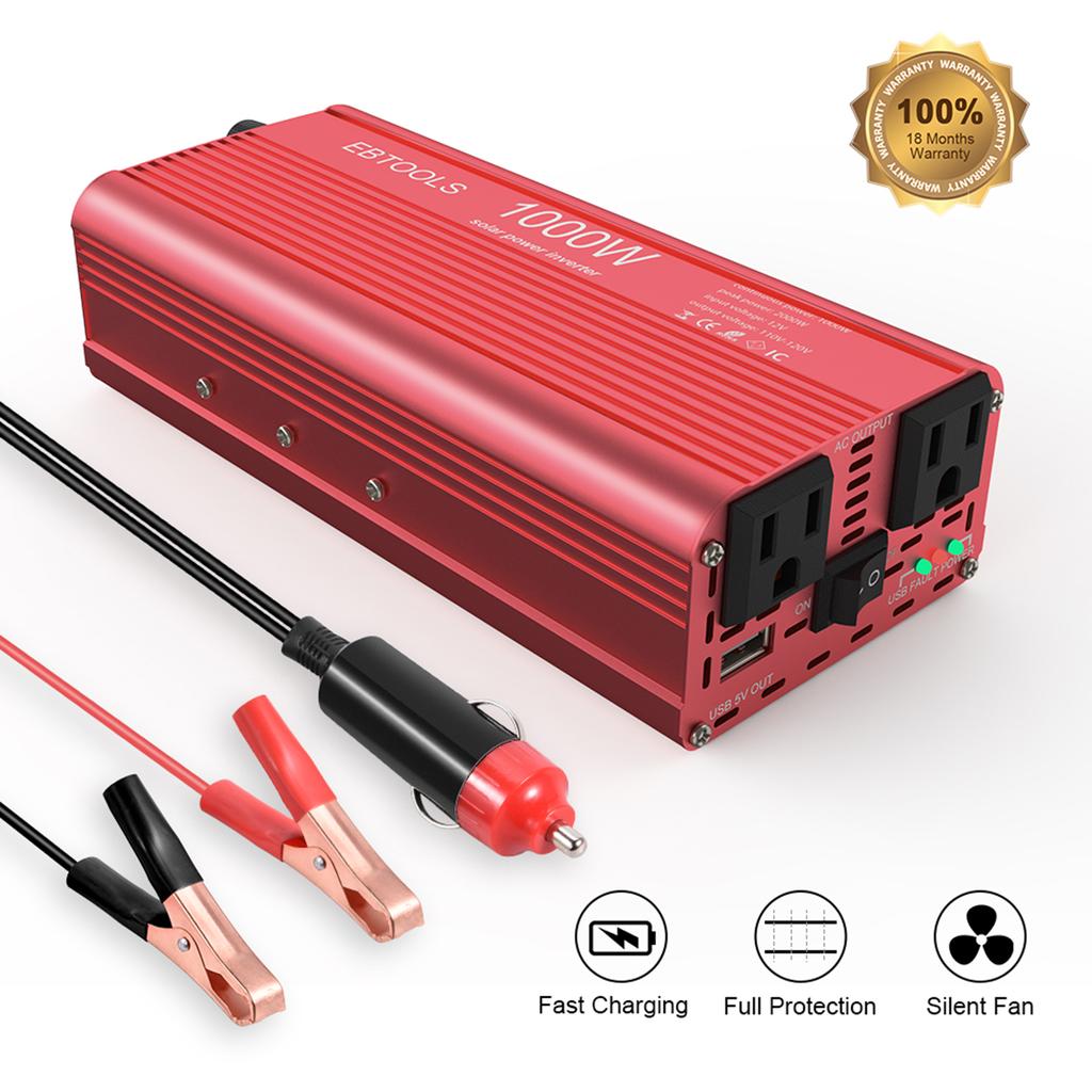 Car Power Inverter EBTOOLS 1000W 2000W Inverter 12V DC To 110V AC Car Converter with 2 AC Out