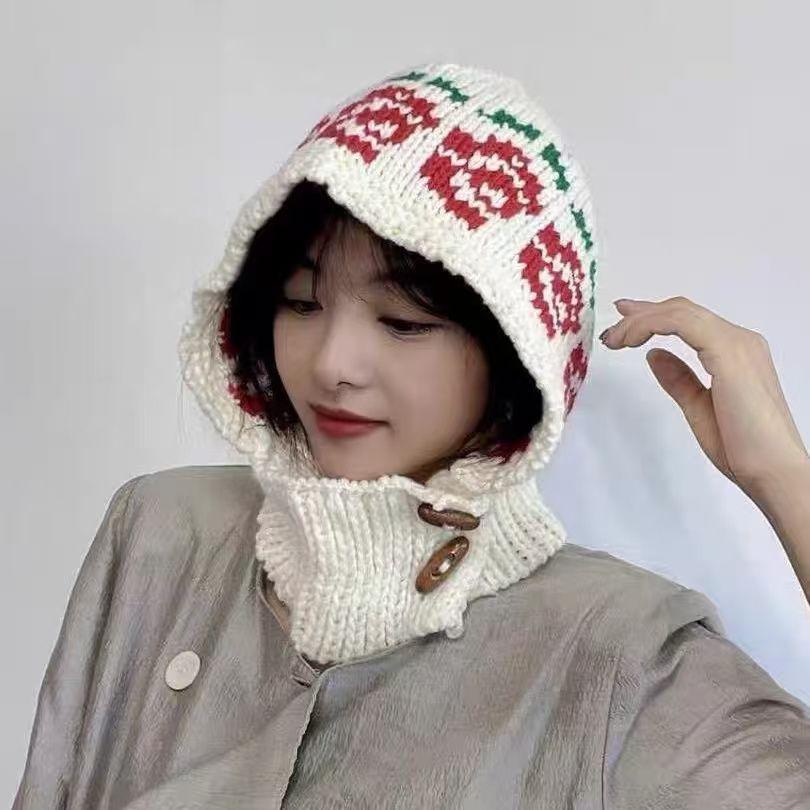 Вязаная балаклава с цветами в корейском стиле для женщин, зимняя теплая шерстяная шапка, грелка для шеи, защита ушей, интегрированная шапка-бини
