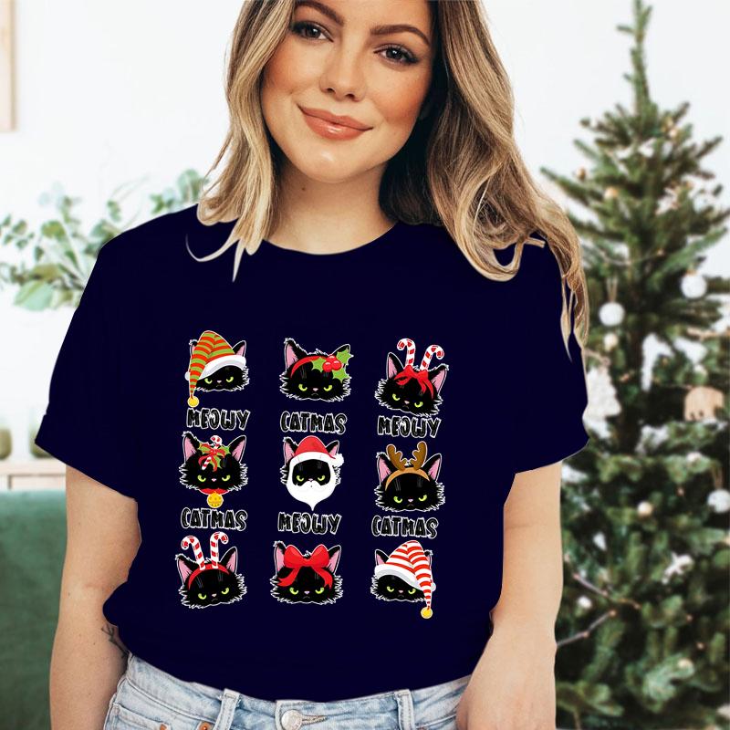 Merry Christmas Cat Classic Tshirt Santa Cat Lover Gift for Christmas Crew Neck Womens Clothing Festive Short Sleeve Tshirts