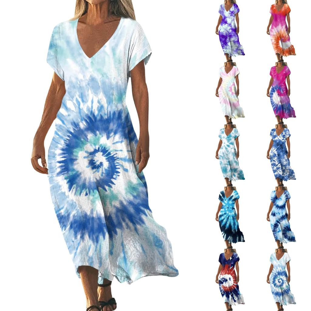 Fashion Women's Summer V-neck Short Sleeve Tie- Retro Print Beach Dress