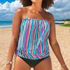2Pcs/Set Women Swimsuit Set Bandeau Sleeveless Striped Print Swimming Tops High Waist Swimming Trunks Set Beachwear