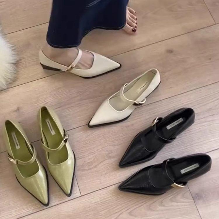 Однословные туфли-лодочки на высоком толстом каблуке с зеленым острым носком женские 2025 французские на среднем каблуке Мэри Джейн туфли с открытым верхом для通勤