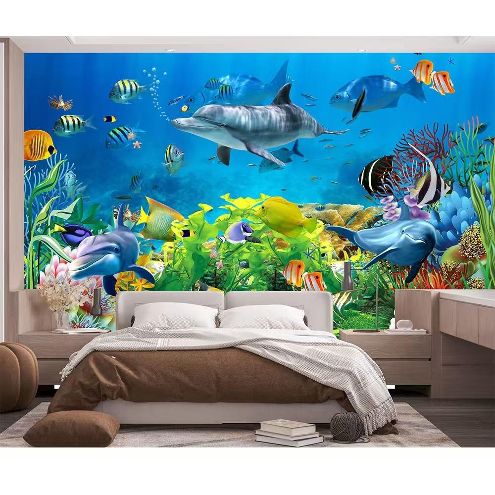 Photo Mural 3D Underwater World Wall Mural Dolphin Fish Coral Children Room Living Room TV Background Wall Home Decoration