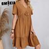 Women's Fashion Summer Spring Solid Color Print Short Sleeve V-Neck Casual Slim Elegant Dresses
