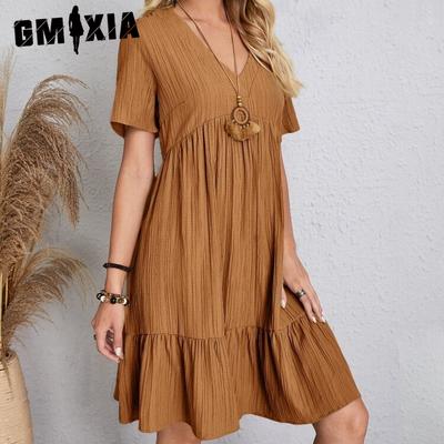 Женская мода лето весна сплошной цвет печати короткий рукав v-образным вырезом повседневные тонкие элегантные платья