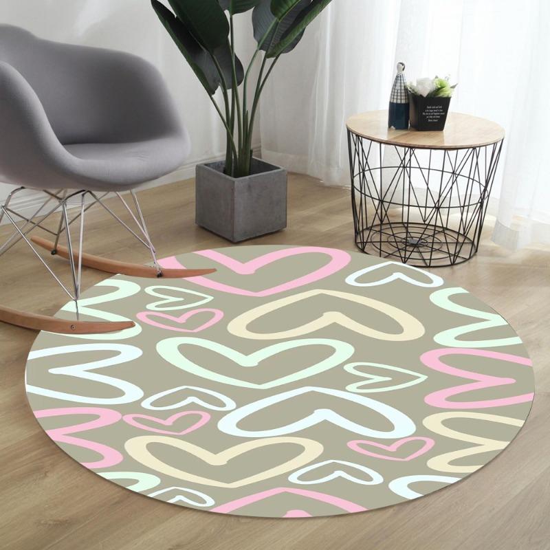 Sweet Heart Pattern Round Rug Multi-Color Love Design Romantic Home Decor Circular Carpet Soft Non-Slip Mat for Living Room