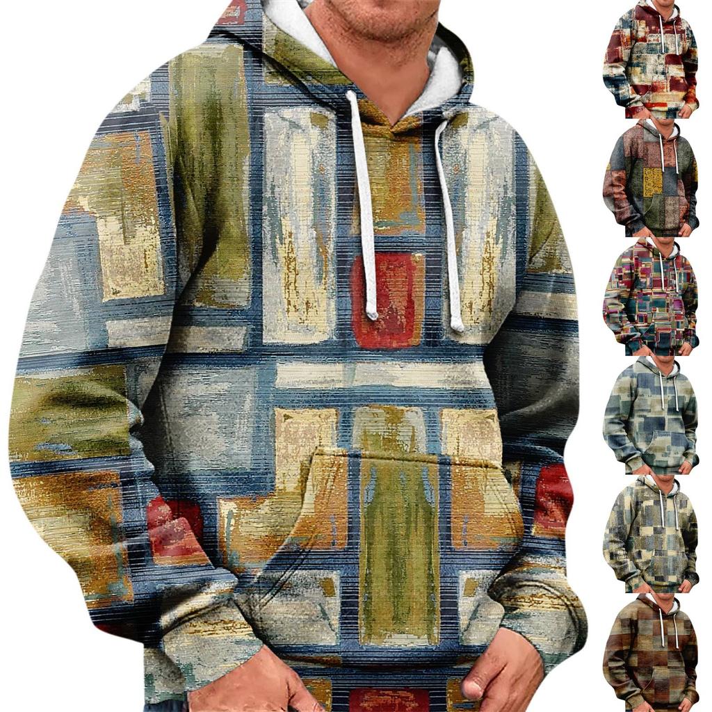 Men's Vintage Long Sleeve Hoodie Printed Hooded Sweatshirt Top