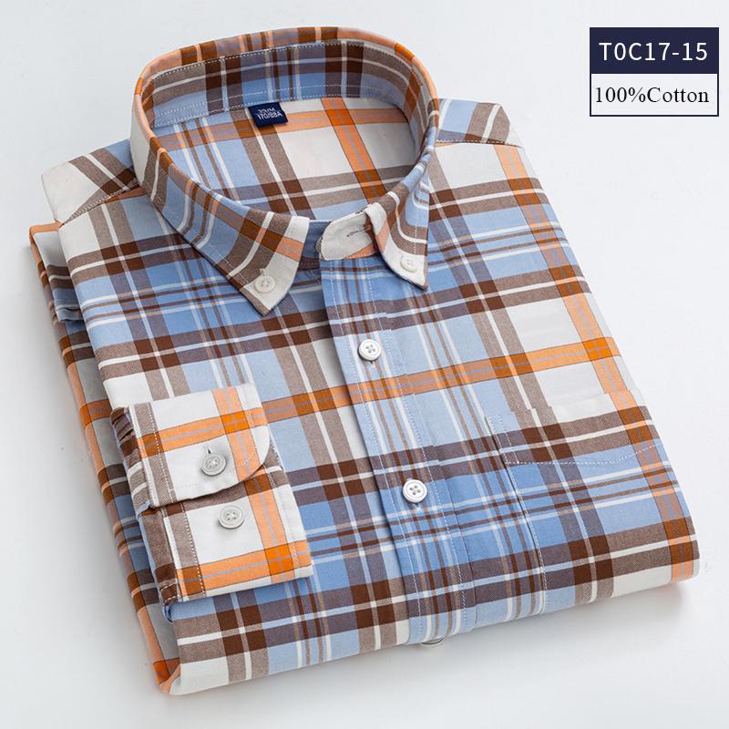 New Cotton Oxford Plaid Shirts Men Casual Spring Autumn Checked Long Sleeve Shirt For Man Iron Free