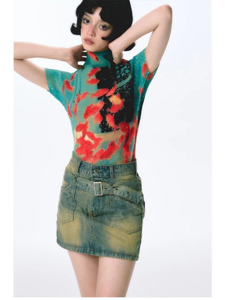 Женские облегающие футболки с коротким рукавом, футболки с принтом тай-дай, эластичные укороченные топы Goblin Core 2000-х годов, кокетка Gyaru Aesthetic Kpop Kawaii Summer