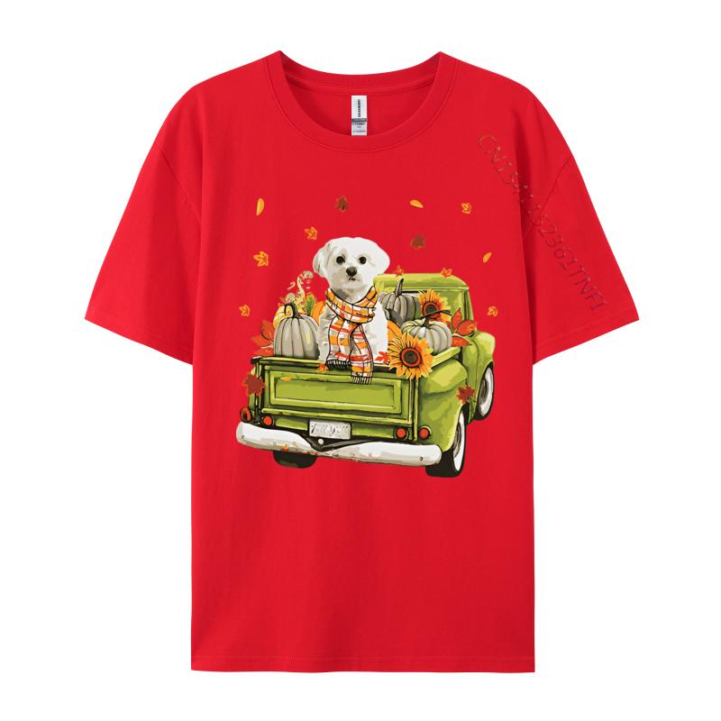 Party Happy Fall Yall Maltese Dog On Truck Tshirt Top Tshirts Rife Tops Tees Cotton Men Cute Style Cotton Graphic Tees