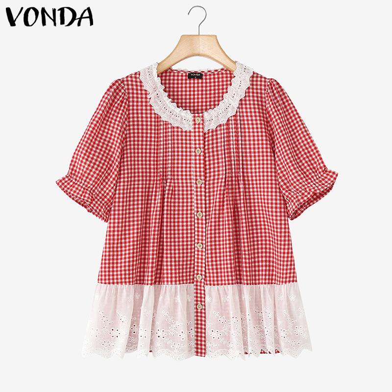 VONDA Women Short Sleeve Plaid Lace Crochet Ruffled Casual Blouse