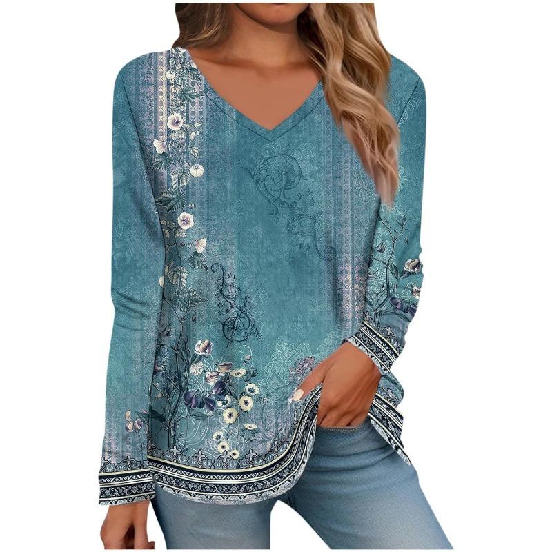 Womens Long Sleeve Tops V Neck Shirts Casual 3D Flower Print Basic Trendy Tee Blouses Fall Tunic Outfits Fitted T Shirts